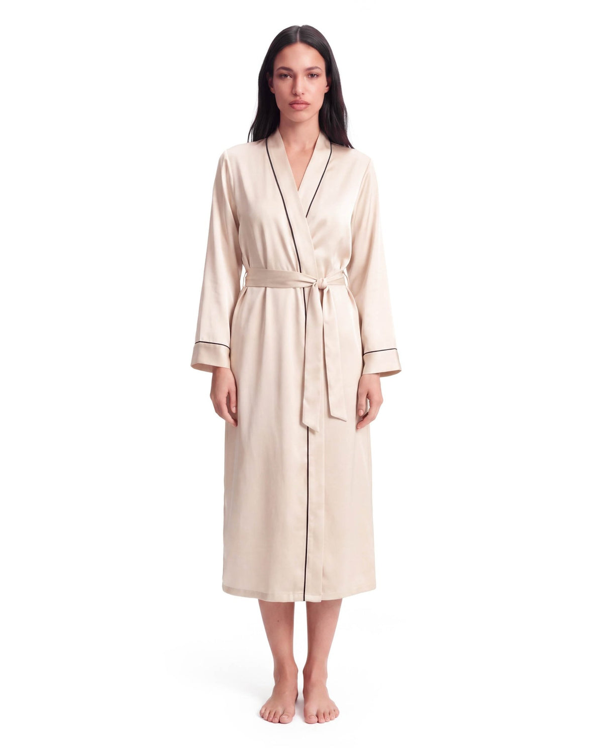 Long Sleeve V-Neck Belted Silk Robe for Women