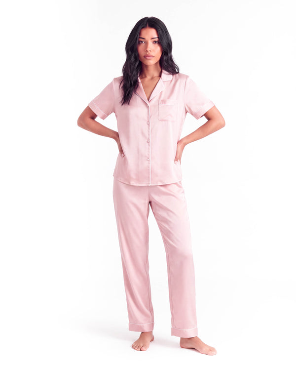 Silk Pajama Set – Short Sleeve Button Top & Long Pants