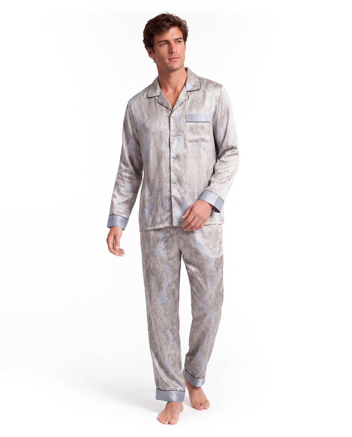 Men’s Silk-Like Pajama Set – Luxurious Paisley Pattern Sleepwear