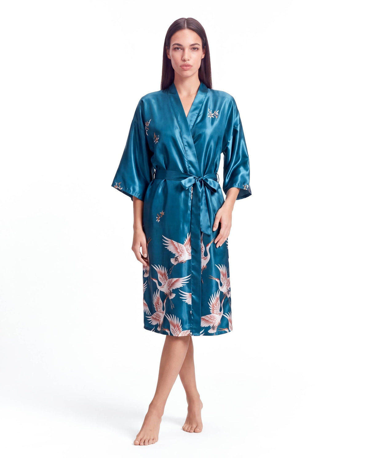 Women’s Crane Print Kimono Robe – Lightweight Short Sleeve Dressing Gown