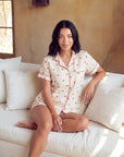 Women’s Cherry Print Pajama Set – Short Sleeve Lapel Top with Button Front and Elastic Shorts