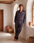 Men’s Pajama Set – Long Sleeve Satin-Look Sleepwear with Elegant Pattern