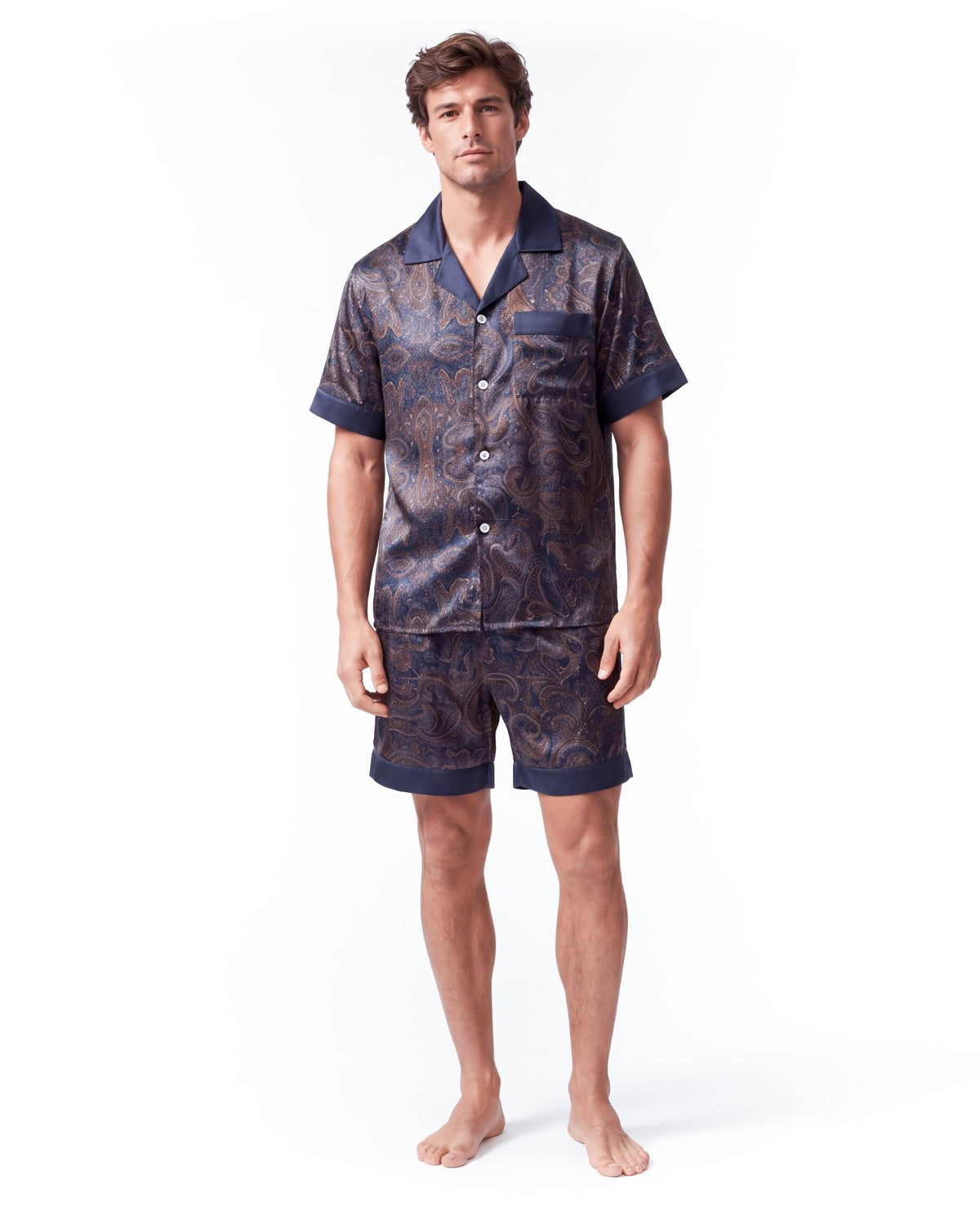 Men’s Silk-Like Pajama Set – Luxurious Paisley Pattern Sleepwear