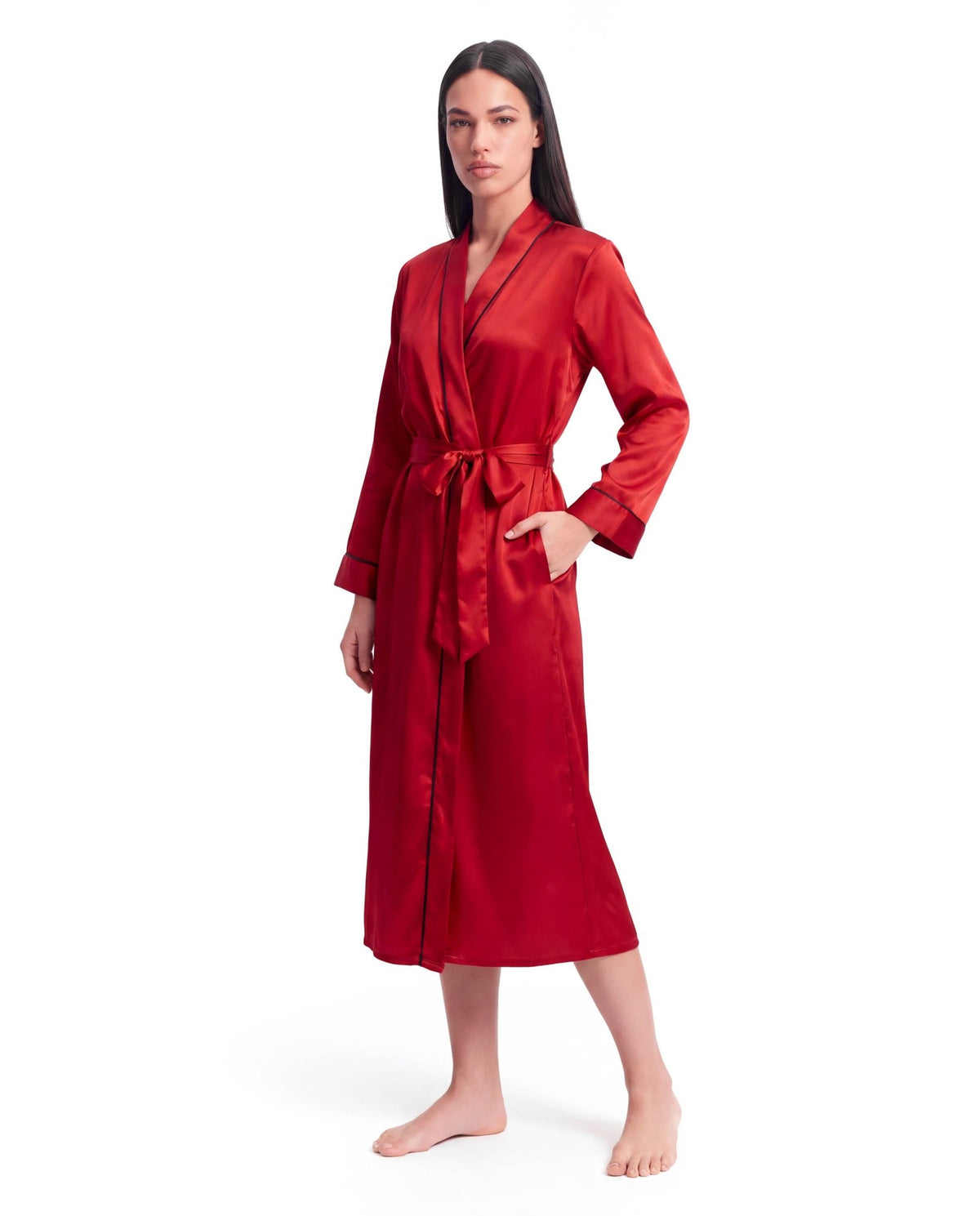 Long Sleeve V-Neck Belted Silk Robe for Women