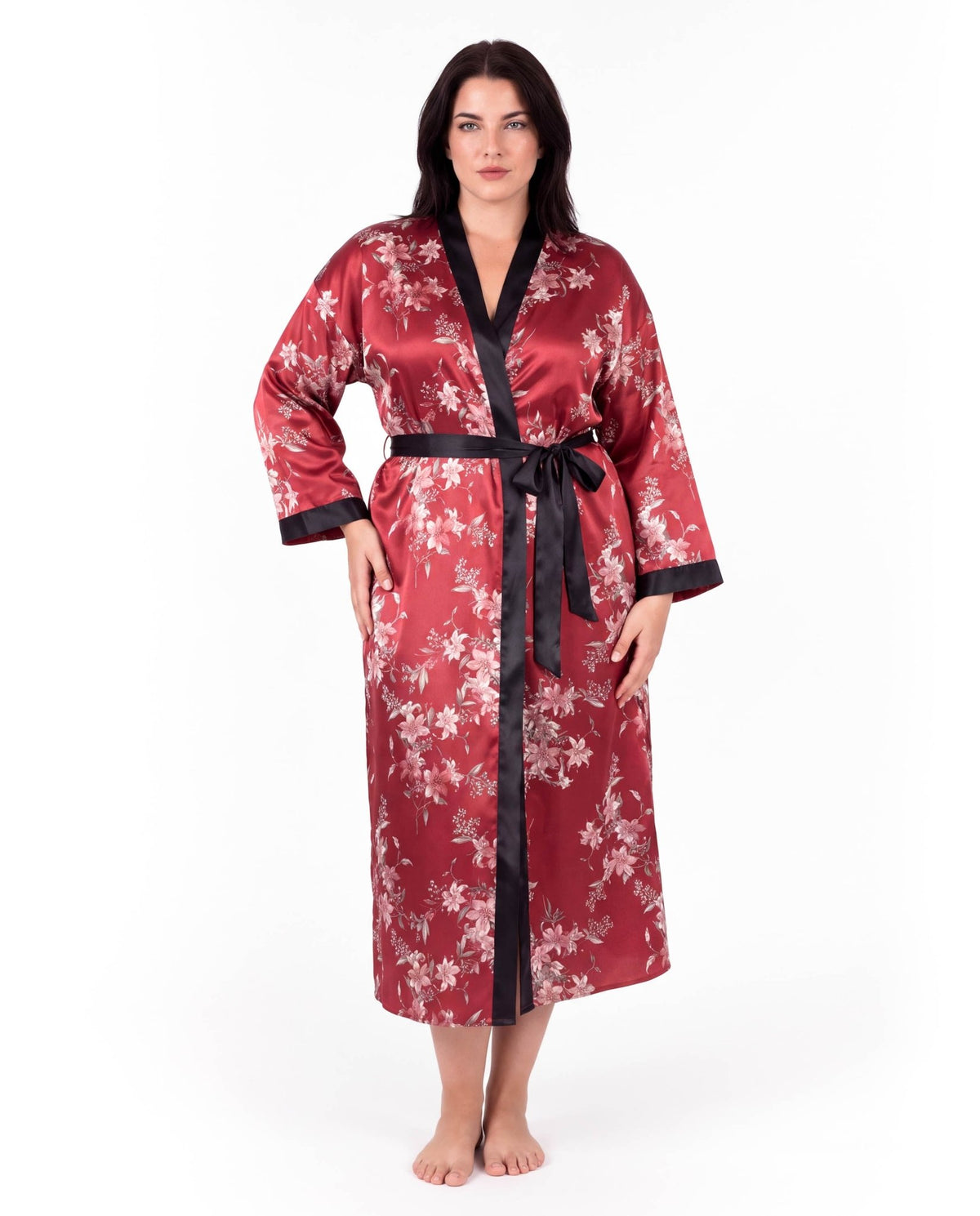 Luxurious Satin Kimono Robe with Contrast Trim – Long Sleeve, Belted, Machine Washable