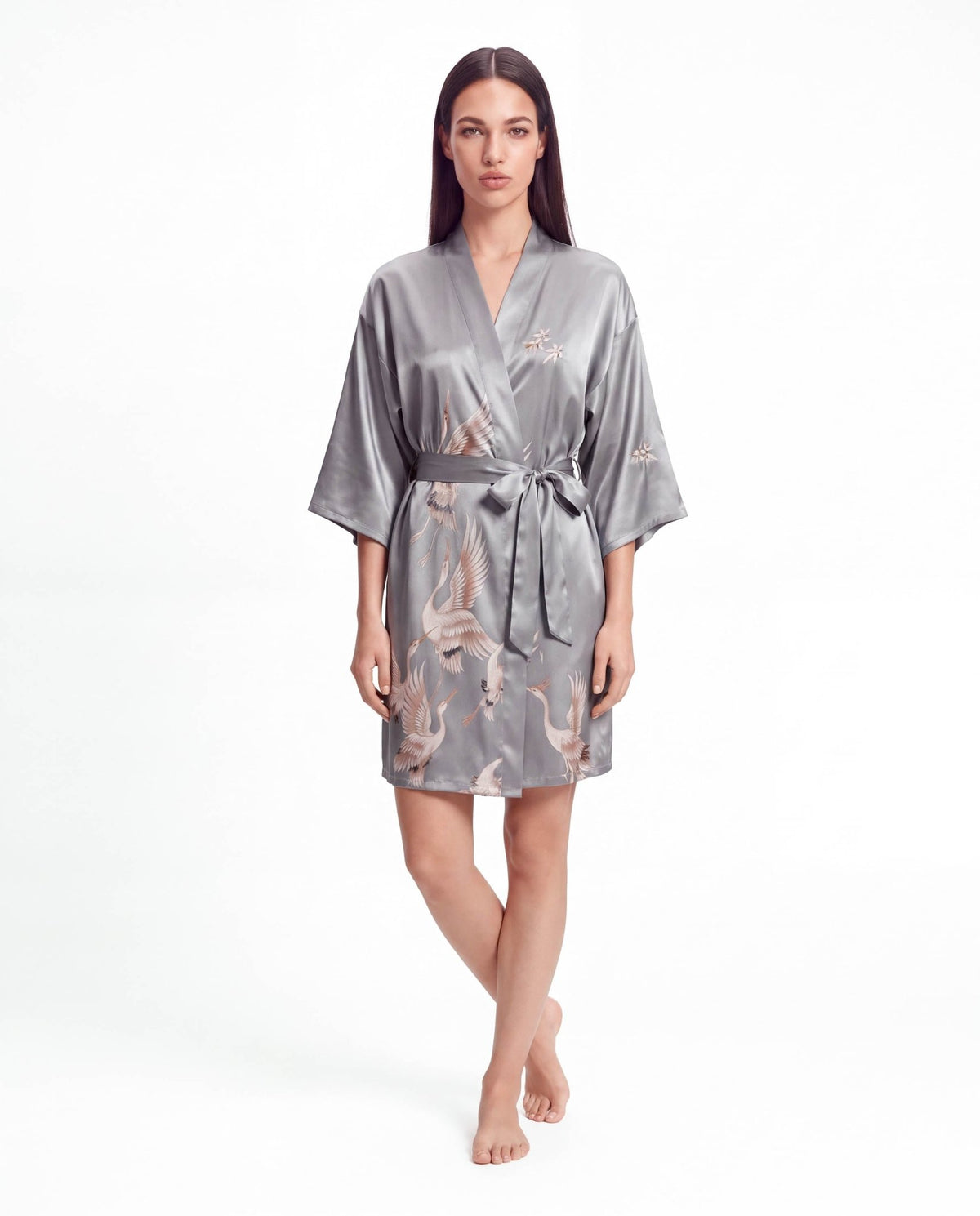 Women’s Crane Print Kimono Robe – Lightweight Short Sleeve Dressing Gown