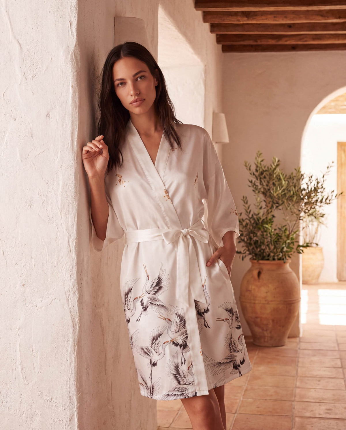 Women’s Crane Print Kimono Robe – Lightweight Short Sleeve Dressing Gown