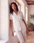 Silk Pajama Set – Short Sleeve Button Top & Long Pants