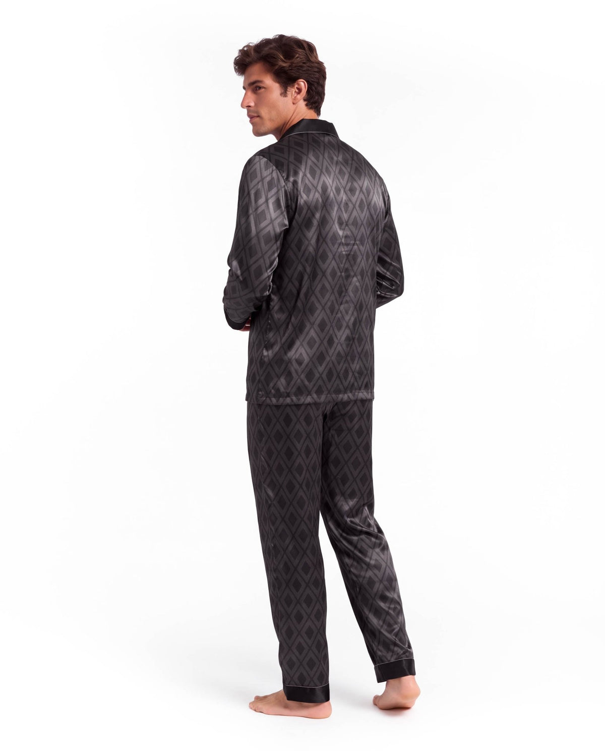 Men’s Pajama Set – Long Sleeve Satin-Look Sleepwear with Elegant Pattern