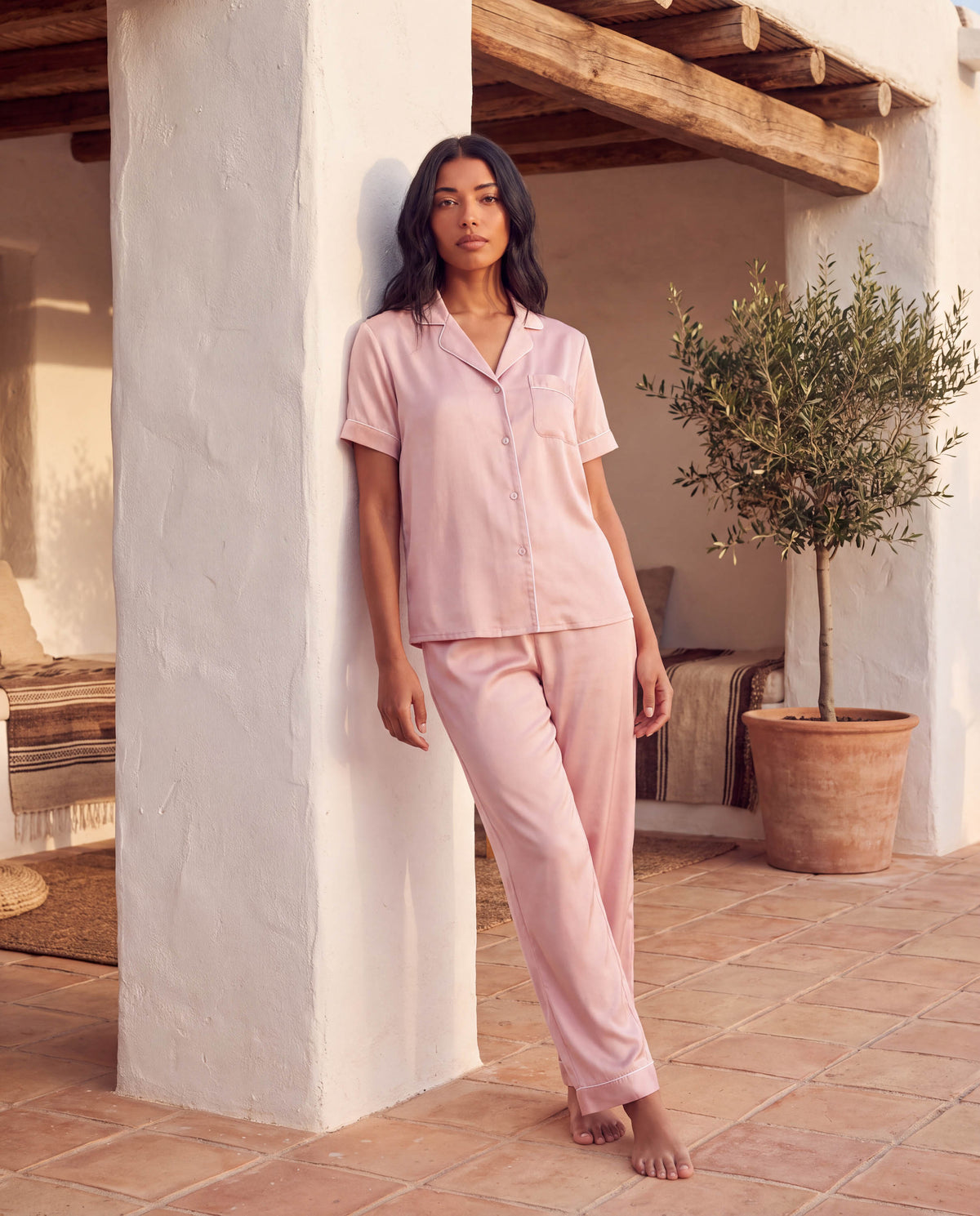 Silk Pajama Set – Short Sleeve Button Top &amp; Long Pants