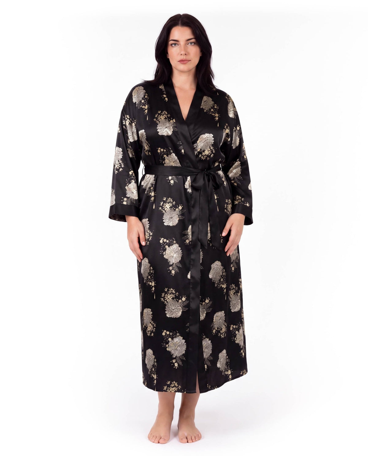 Luxurious Satin Kimono Robe with Contrast Trim – Long Sleeve, Belted, Machine Washable