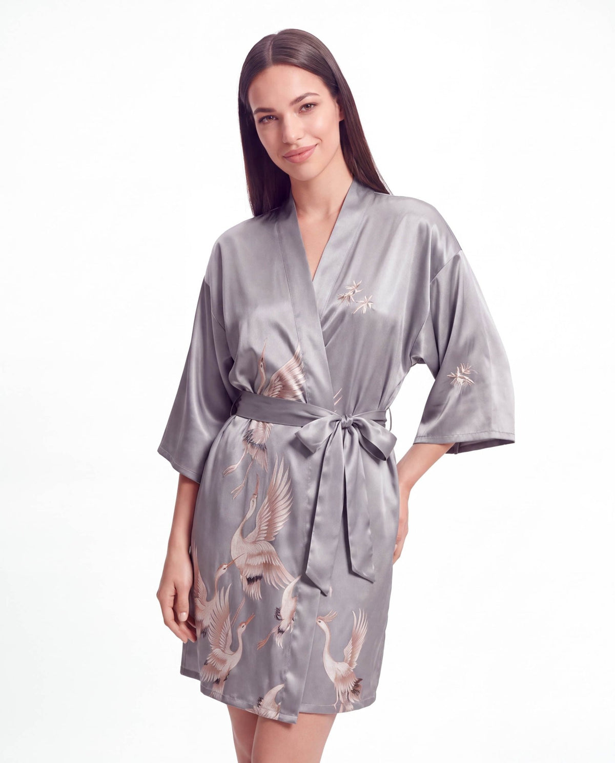Women’s Crane Print Kimono Robe – Lightweight Short Sleeve Dressing Gown