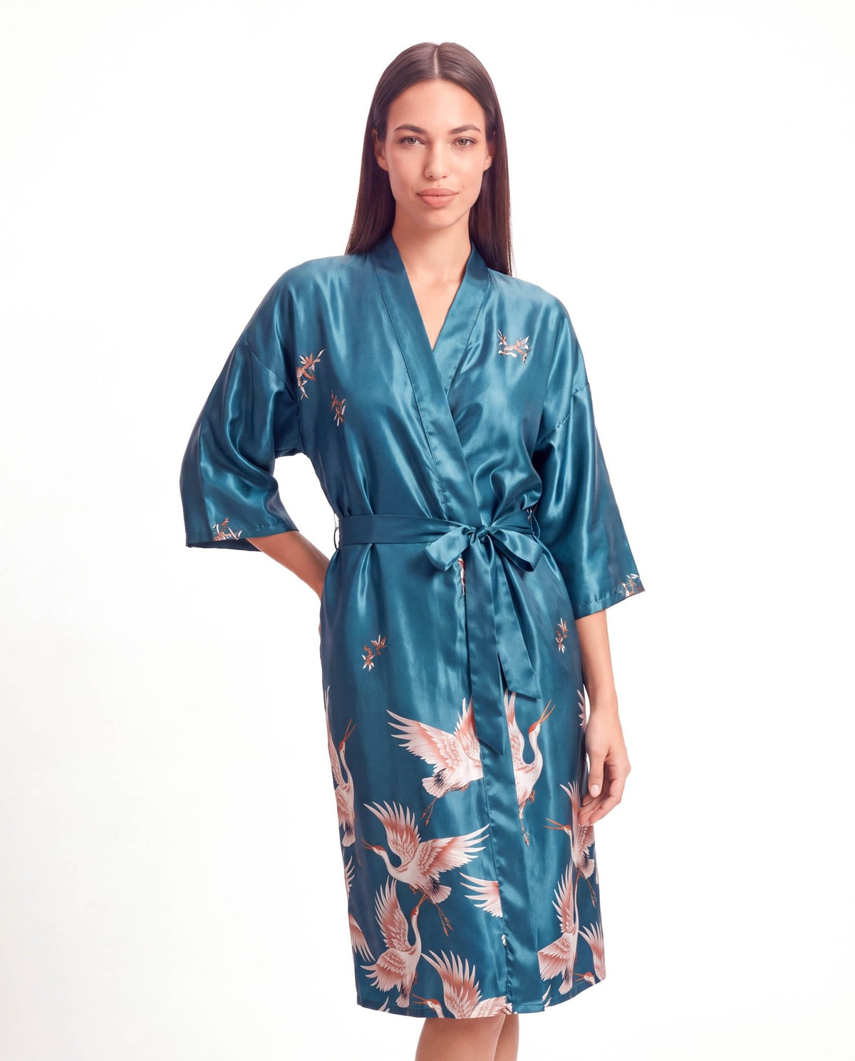 Women’s Crane Print Kimono Robe – Lightweight Short Sleeve Dressing Gown