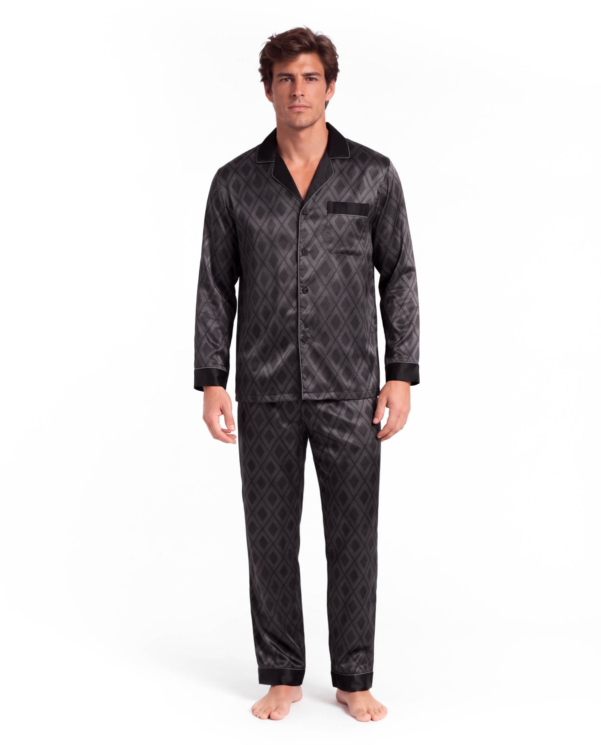 Men’s Pajama Set – Long Sleeve Satin-Look Sleepwear with Elegant Pattern