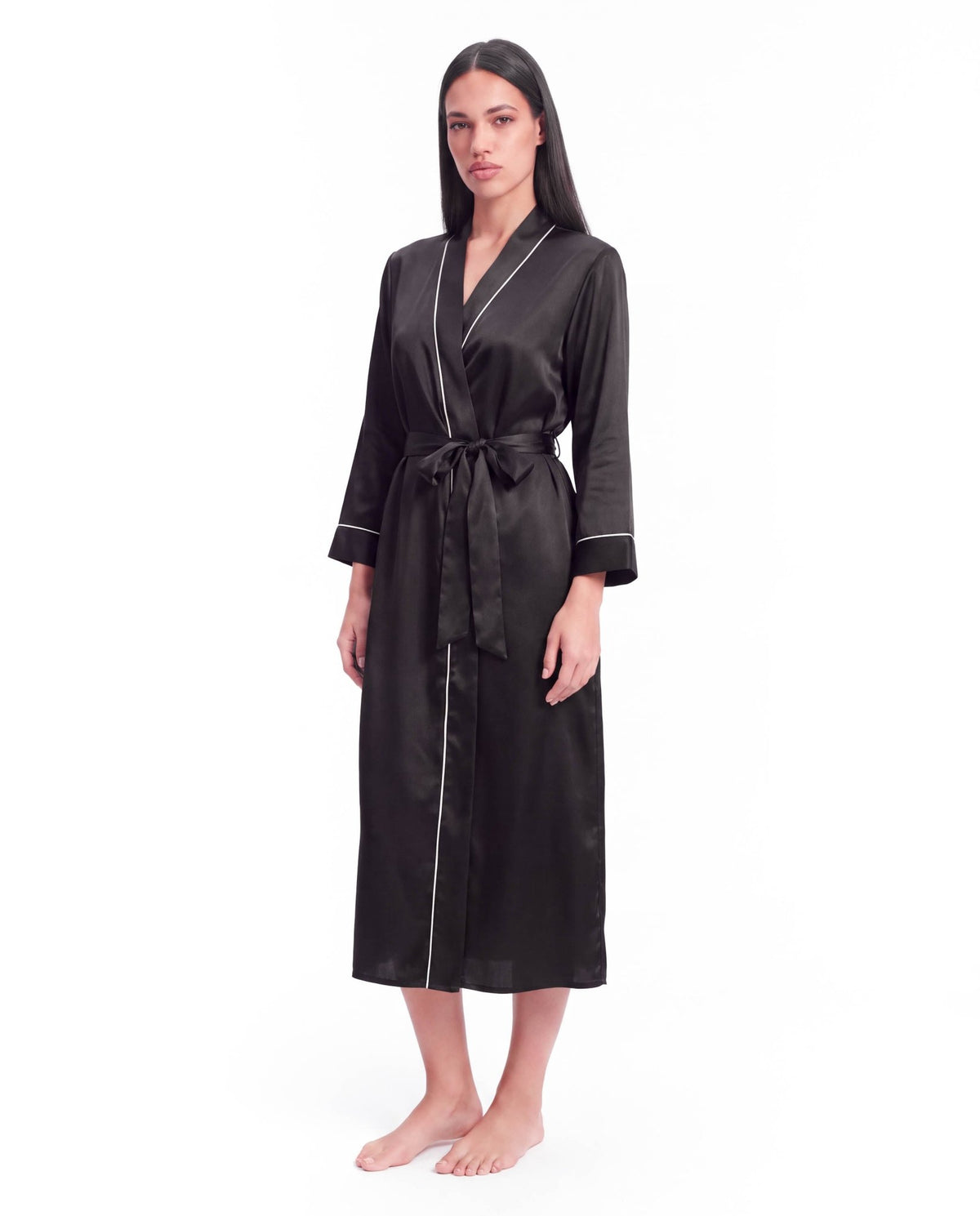 Long Sleeve V-Neck Belted Silk Robe for Women