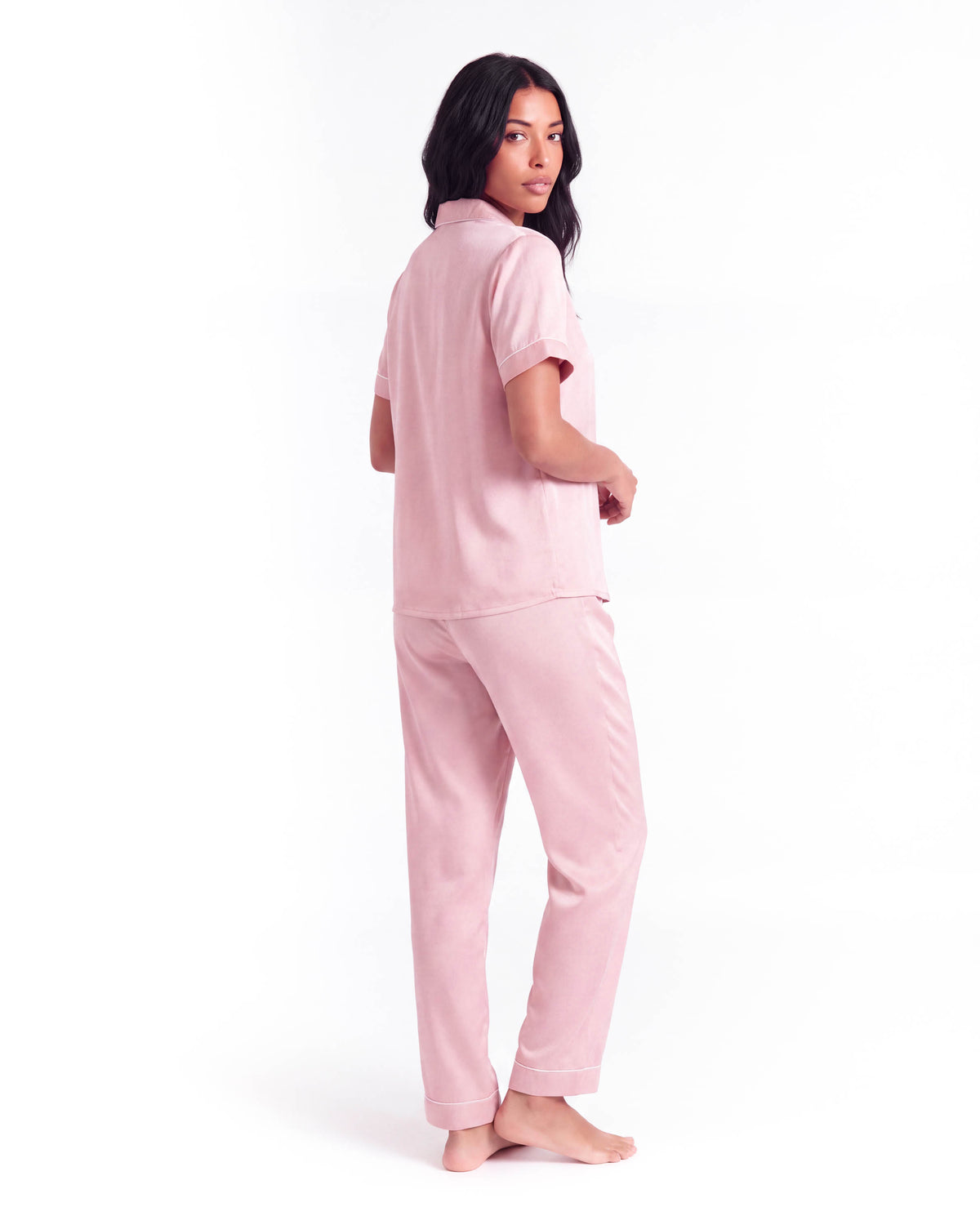 Silk Pajama Set – Short Sleeve Button Top &amp; Long Pants
