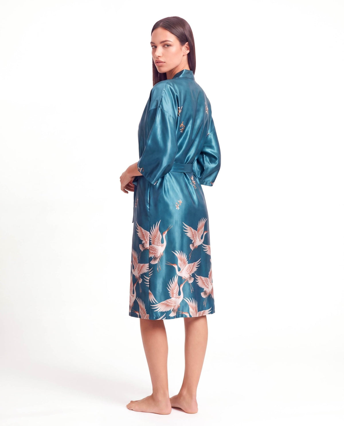 Women’s Crane Print Kimono Robe – Lightweight Short Sleeve Dressing Gown