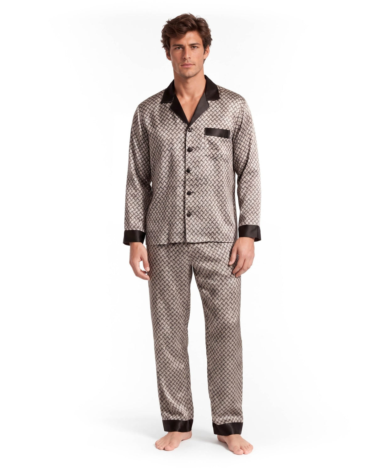 Men’s Pajama Set – Long Sleeve Satin-Look Sleepwear with Elegant Pattern