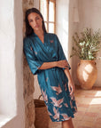 Women’s Crane Print Kimono Robe – Lightweight Short Sleeve Dressing Gown