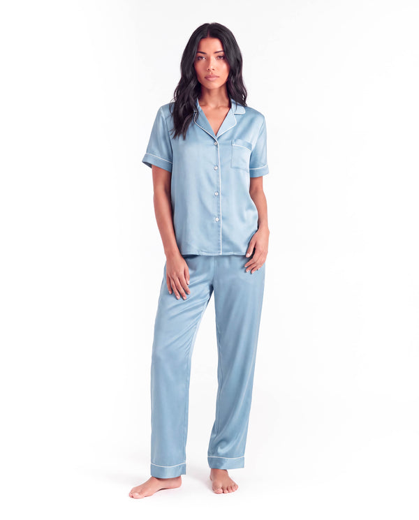 Silk Pajama Set – Short Sleeve Button Top & Long Pants