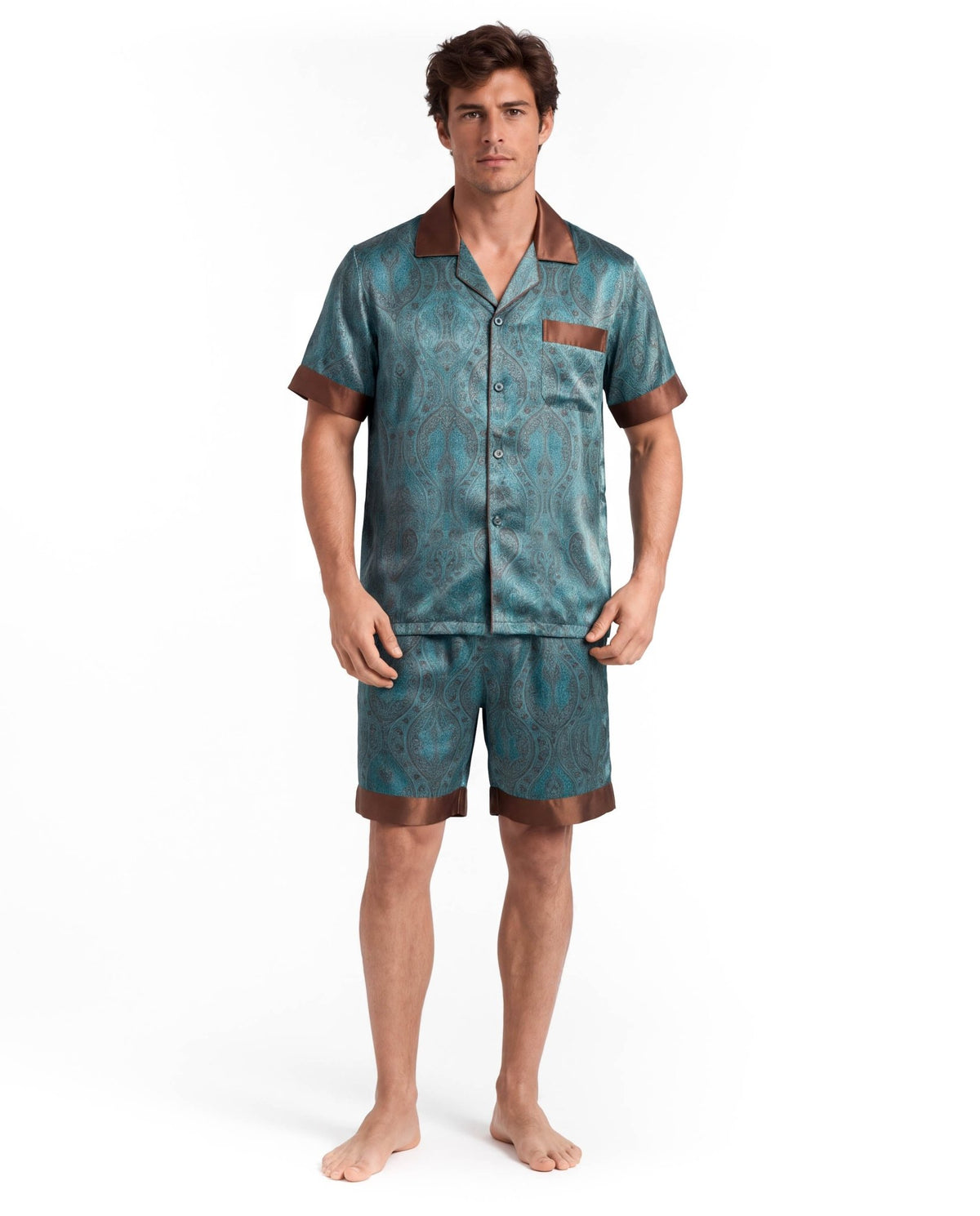 Men’s Silk-Like Pajama Set – Luxurious Paisley Pattern Sleepwear