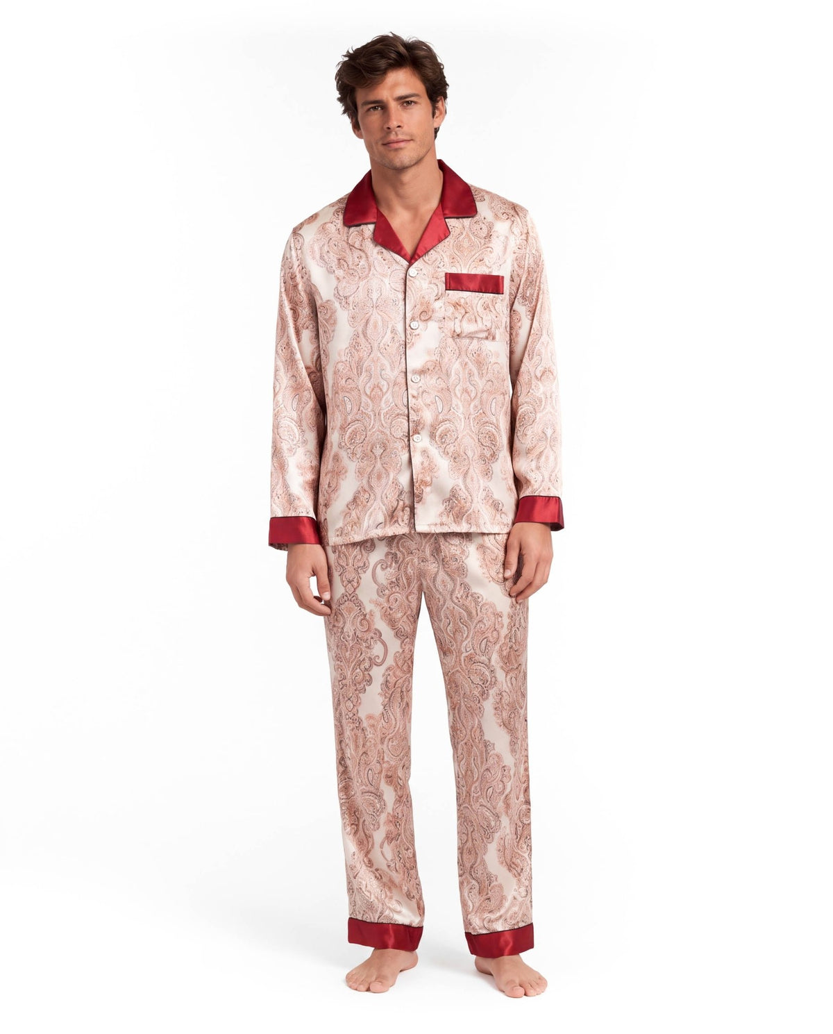 Men’s Silk-Like Pajama Set – Luxurious Paisley Pattern Sleepwear