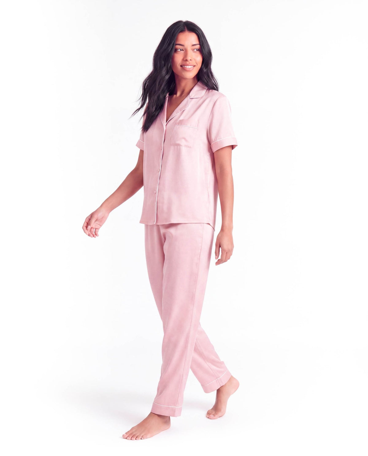Silk Pajama Set – Short Sleeve Button Top &amp; Long Pants