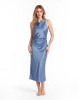 Elegant Sleeveless Silk Satin Midi Dress for Women – Chic Summer Fashion in Solid Color